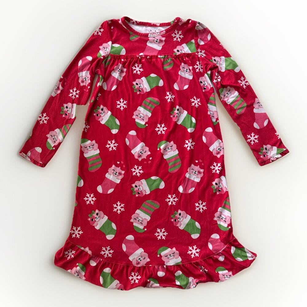 Christmas Nightgown Red Flannel Kittens Stockings Holiday Kawaii Girls'‎ Size 6